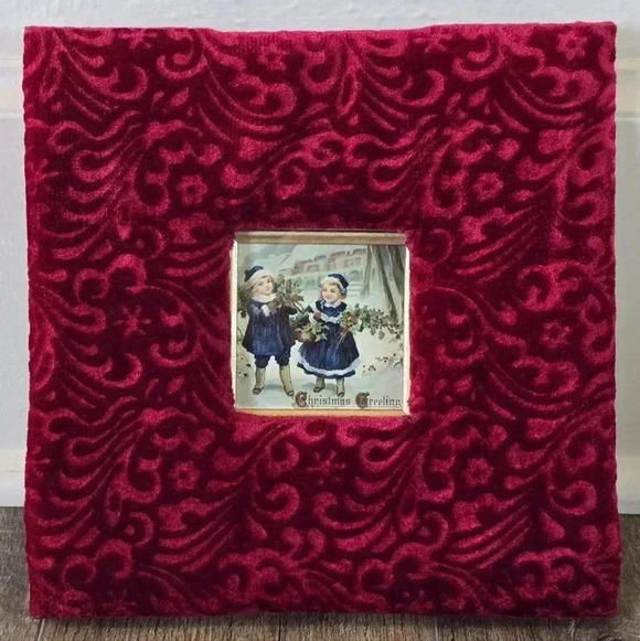Other - Beautiful Deep Red Plush Velvet Frame with Antique Christmas Postcard